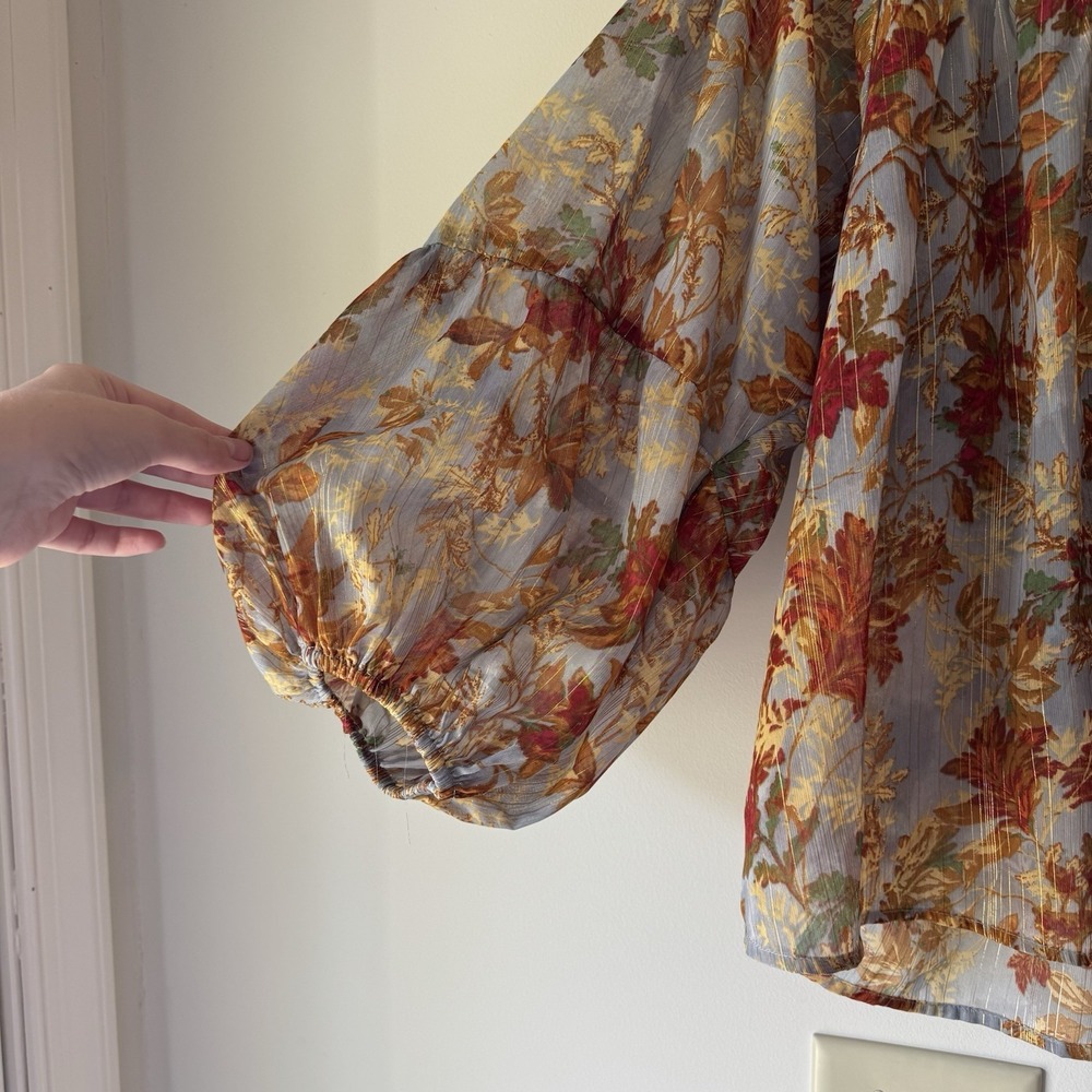 Maurices Fall Leaf Floral Peasant Blouse XL Gold Metallic Stripe Balloon Sleeve - Picture 4 of 5